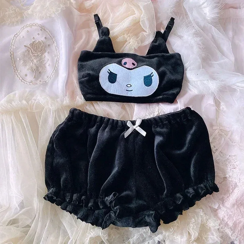 Lyou 2025 Sanrio Kawaii Cartoon Autumn Winter Mymelody Kuromi Cinnamon Flannel Pajamas Underwear Bra Little Devil Sexy Home ★ ★