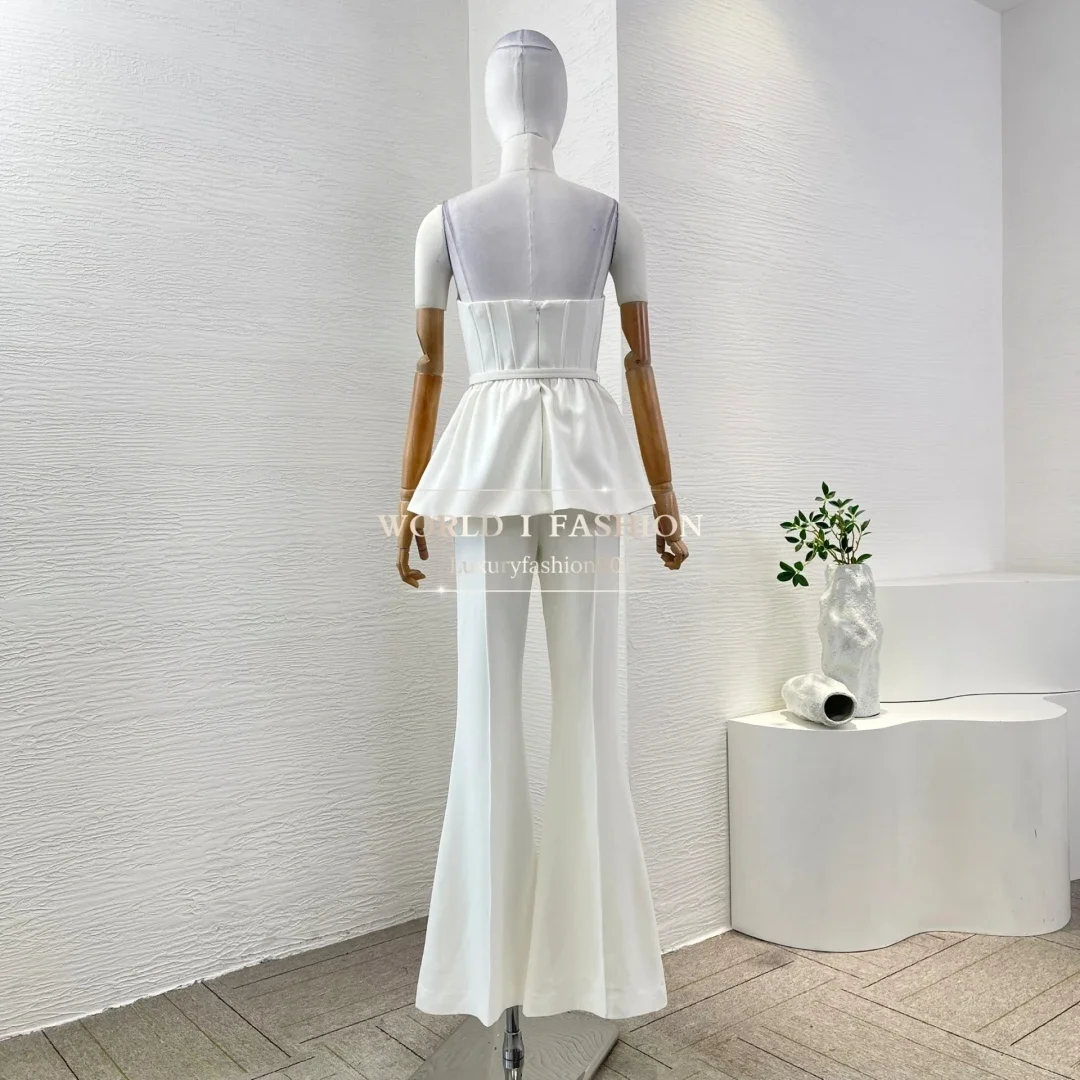 ホワイト ノースリーブ ダイヤモンド ラペル カットアウト ウエスト ミディ ドレス 2025