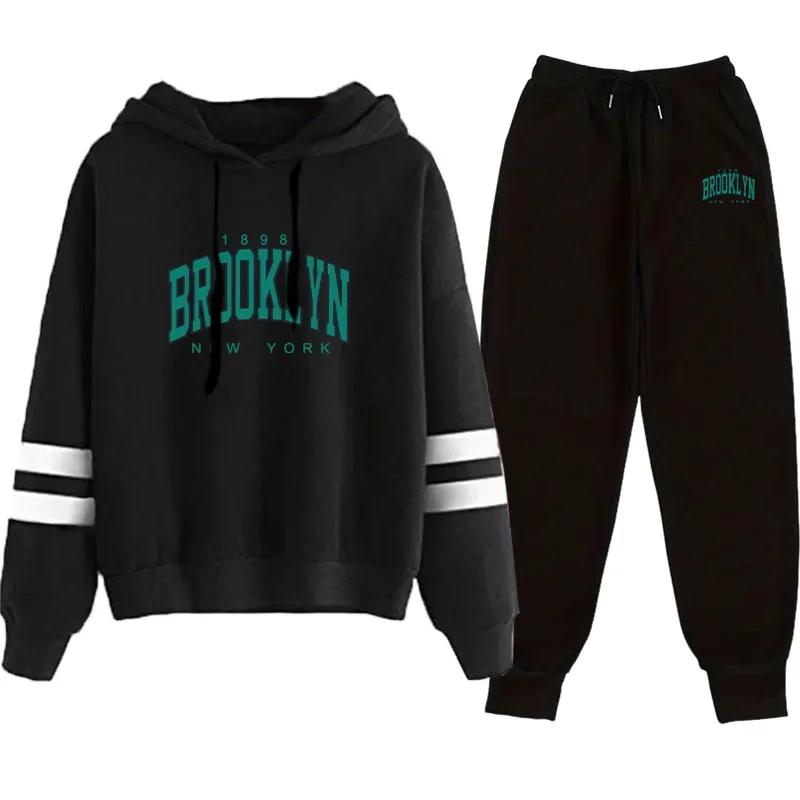 Setelan Olahraga Wanita Motif Kasual Sweatshirt Jogging Pakaian Wanita Musim Gugur-Dingin Pakaian Olahraga Jalanan Hoodie Celana Satu Potong