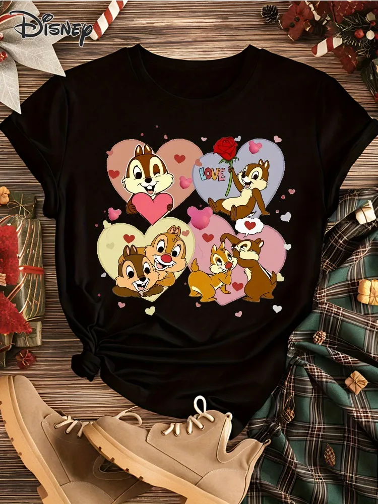 女性ディズニーチップとデールヴィンテージプリントTシャツソフトで通気性のあるコットンシャツハート型リスデザインコットン半袖