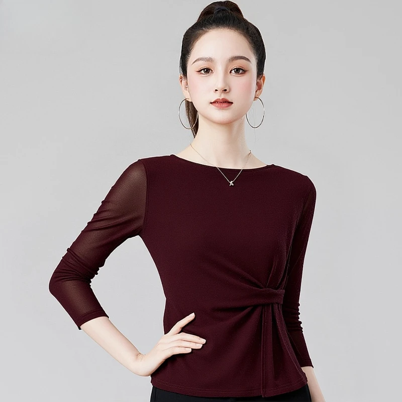 

Новый зимний облегающий топ с длинными рукавами для латинских и бальных танцев, с дизайном для дефинирования талии, одежда для занятий бальными и квадратными танцами