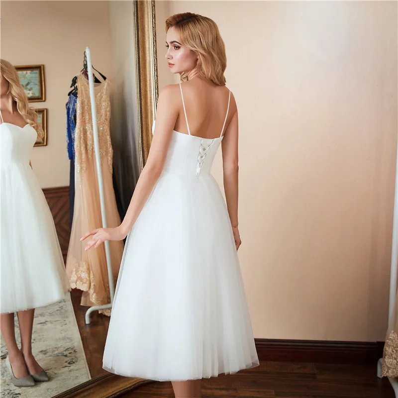 Vestidos de casamento curto comprimento chá, simples princesa vestido nupcial branco, Spaghetti Straps