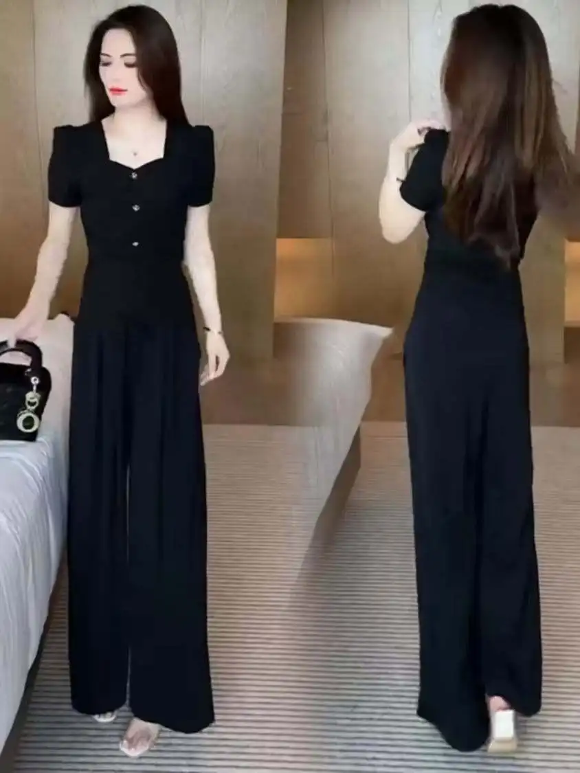 Fashionable Summer 2026 Women's Set Casual Slimming Short Sleeve Top Wide Leg Pants Two Piece Set Age Reducing Trendy