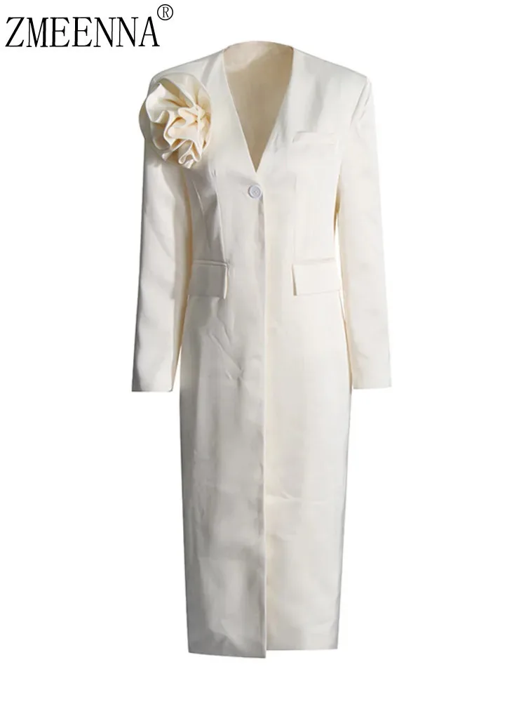 

ZMEENNA Elegant Blazer Coat For Women With Large Floral Shoulder Detail Long Sleeve Single Button Outerwear ZM4074