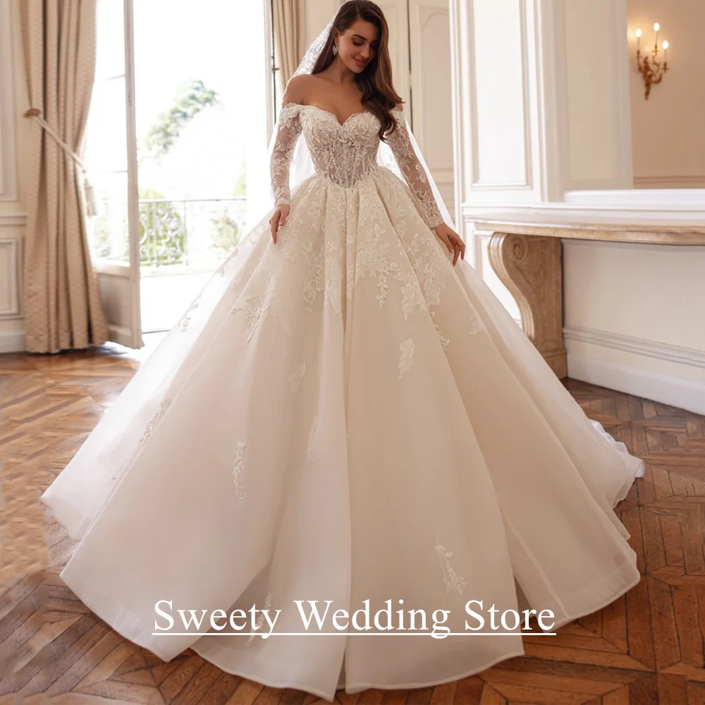 Бальное платье из органзы, свадебное платье Vestido De Noiva, индивидуальное свадебное платье с длинными рукавами и v-образным вырезом, кружевной аппликацией, со шлейфом, арабское свадебное платье