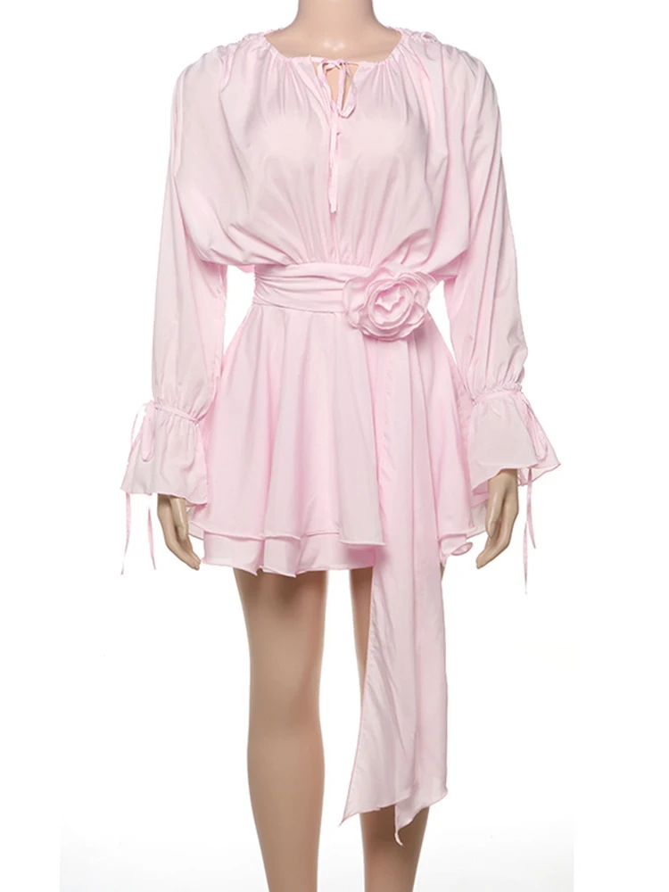 Sibybo flare manga longa a linha mini vestido feminino cor sólida 3d flor retalhos rendas até roupa de verão sexy elegante vestido de festa