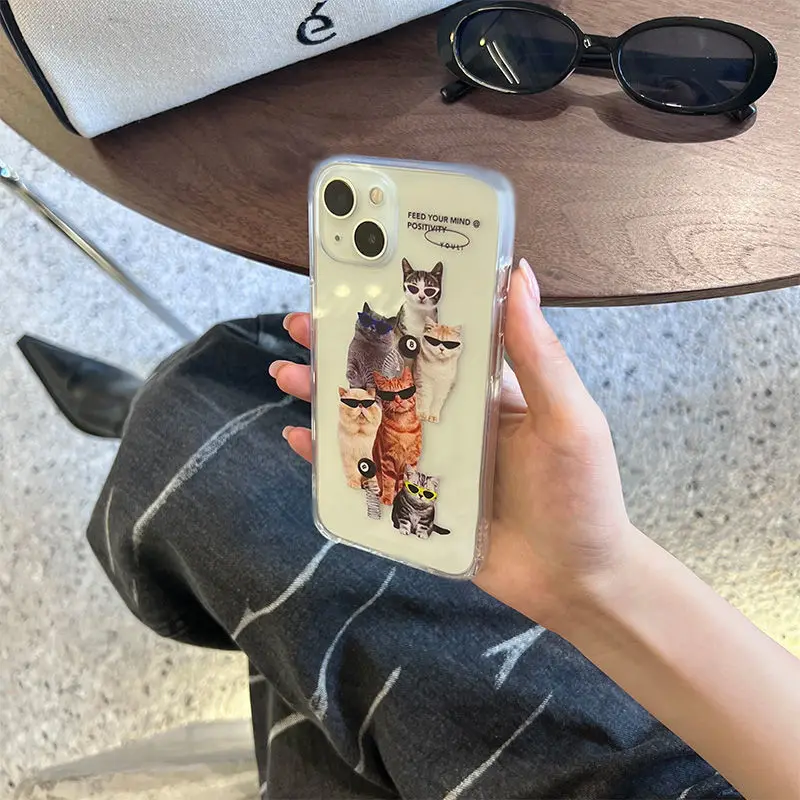 Casing Ponsel Kacamata Hitam Kucing Keren untuk IPhone 7 8 11 12 13 14 Pro Max X XS XR SE Cangkang Lunak Transparan Korea INS Lucu Punk Y2K