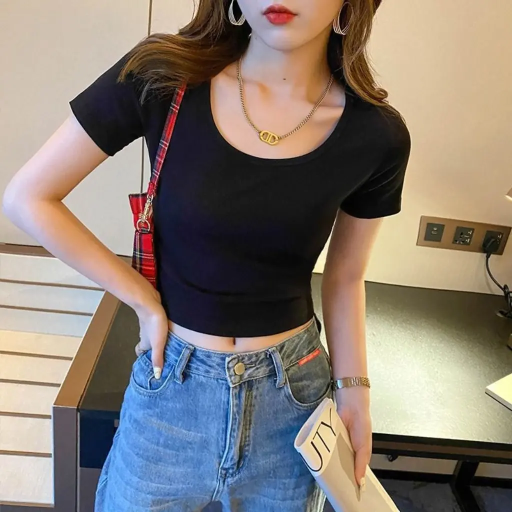 

Women's Black Short-Sleeved T-shirt High Waist Crewneck Modal Top Temperament Tight Navel Small Fit T-Shirt