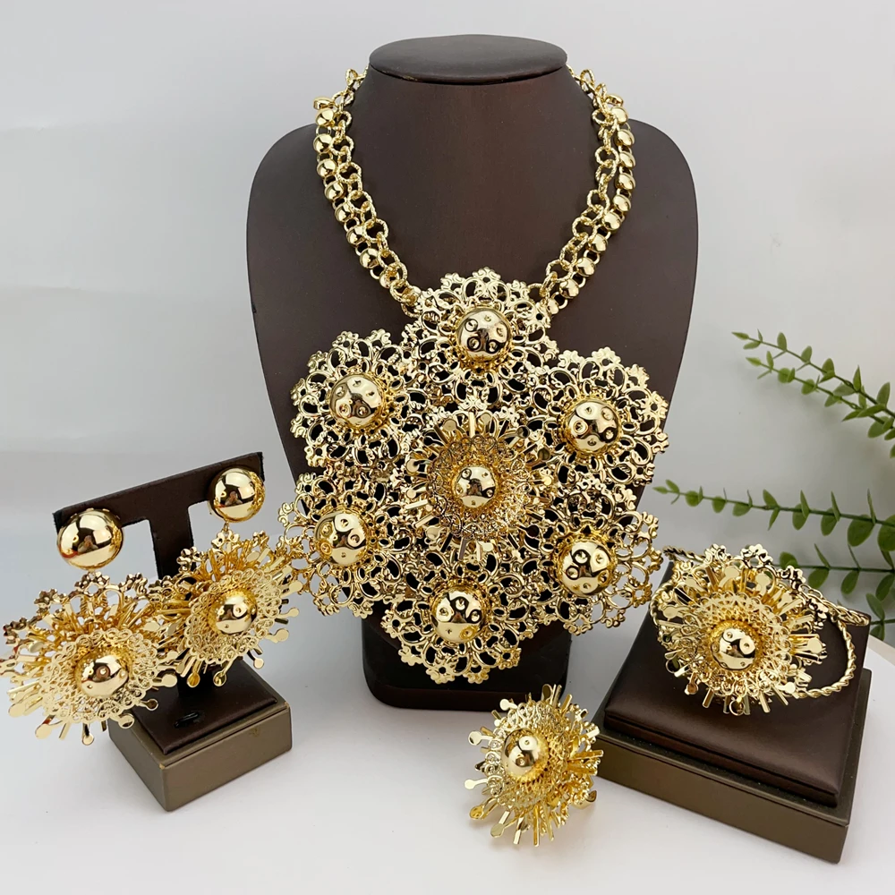 New Fashion Trendy Women Jewelry Set Brazilian Gold-Plated African Wedding Bridal Big Flower Pendant Necklace Gifts FHK24997