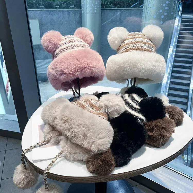 

2025 Autumn And Winter New Cute Knitted Plush Hat With Hairball woman's Travel Cold proof And Warm Plus Thick Outdoor Hats