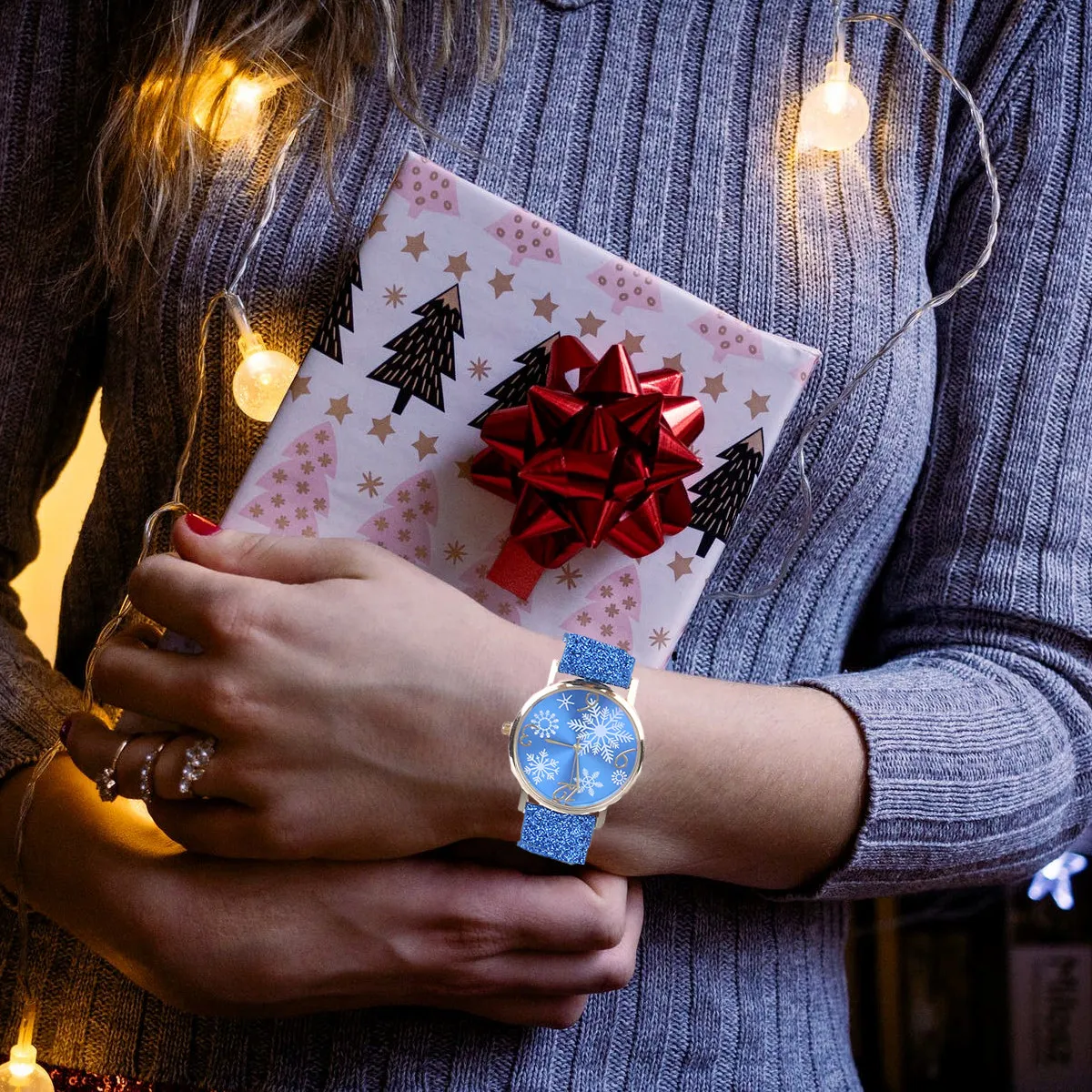 

Рождественские часы с снежинками, синие, из сплава, с кварцевым механизмом, женские наручные часы, модный классический подарок для дамы, мамы, подруги, жены