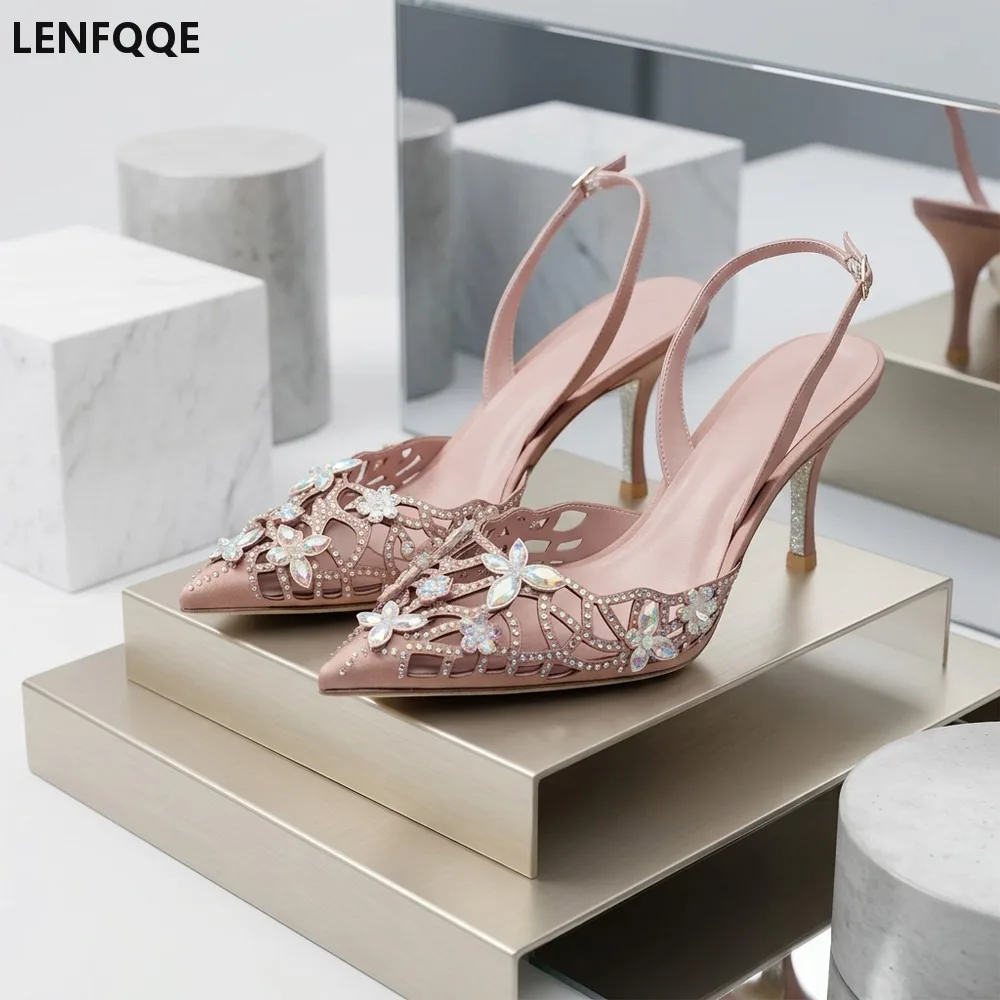 Summer High Heels Shoes Women Pointed Toe Hollow Out Crystal Flower Pumps Party Stiletto Sandals Rhinestone Bridal Evening