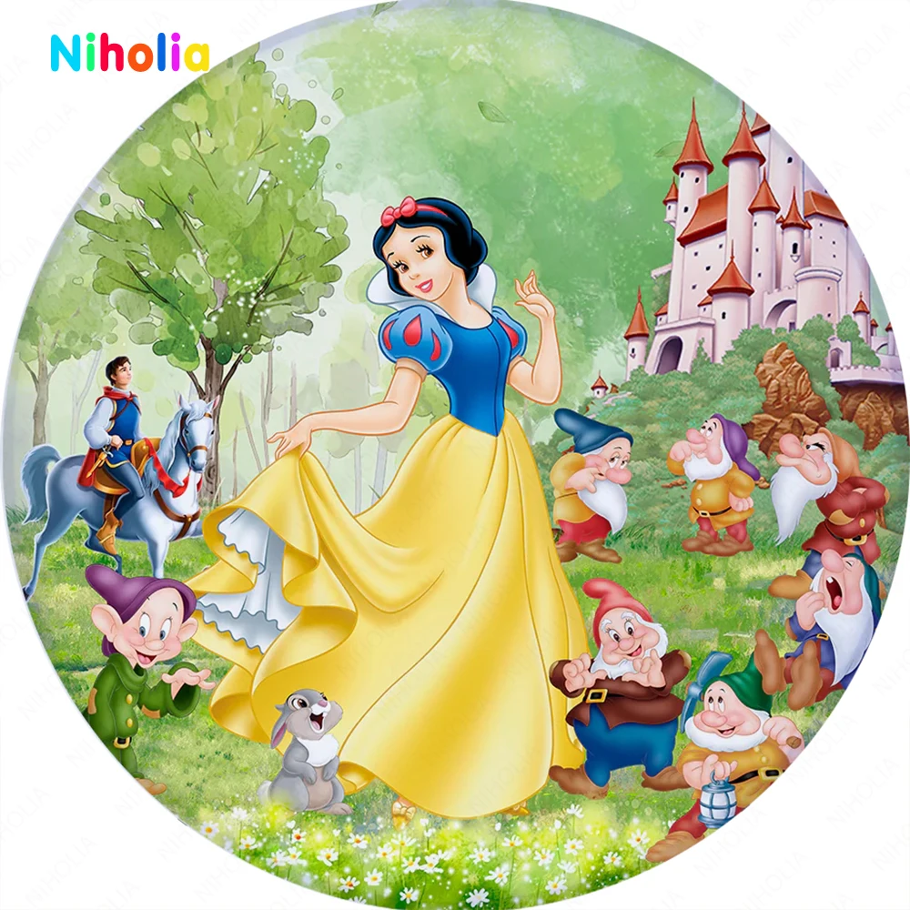 Snow White Birthday Backdrops Round Cover Princess Girl 1st Party Red Apple Background Decoration Wall Supplies Circle Poster