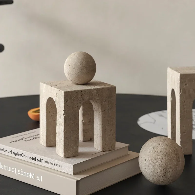 Travertine Sculptures and Figurines Archway Shape Statue for Shelf Coffee Table TV Cabinet Bookshelf Living Room Home Decoration