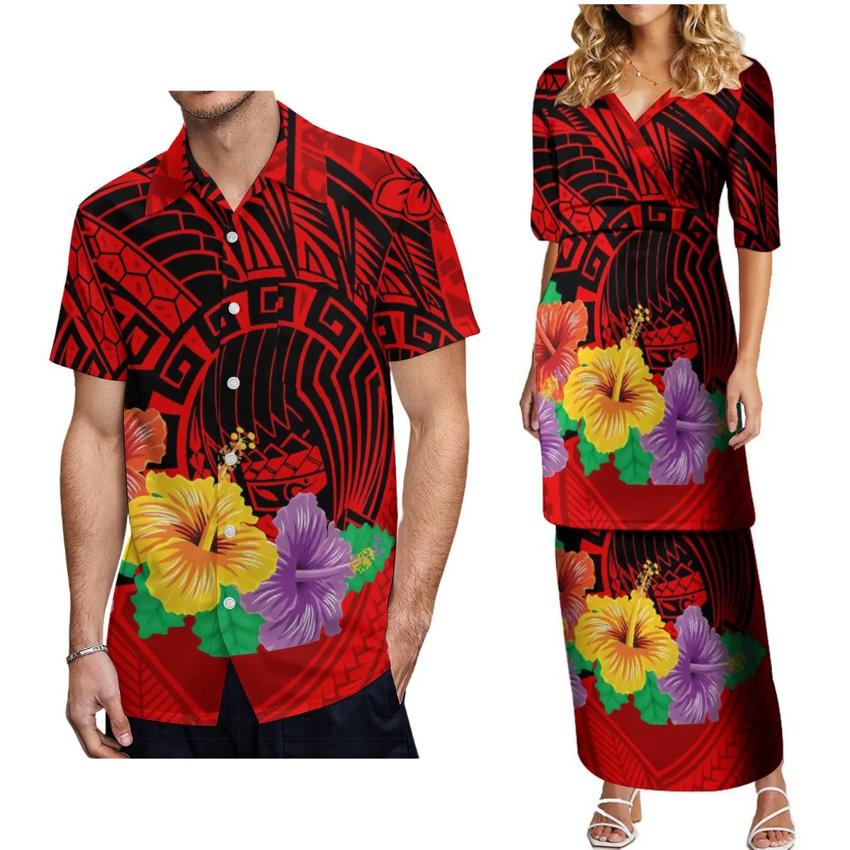 Samoa Club Coppia Abito da donna Elegante Top slim fit e gonna lunga Pletasi Abito in due pezzi Camicia Aloha da uomo polinesiana Fiji