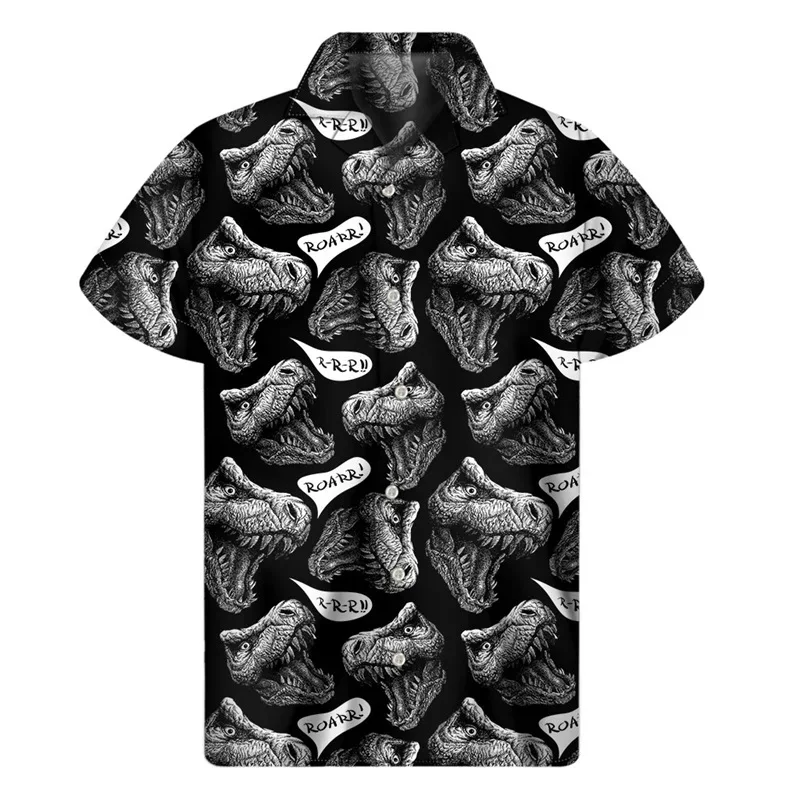 Cartoon Dinosaur Pattern Hawaiian Shirt For Men Animal 3D Print Aloha Shirts Lapel Tops Street Loose Button Short Sleeve Blouse