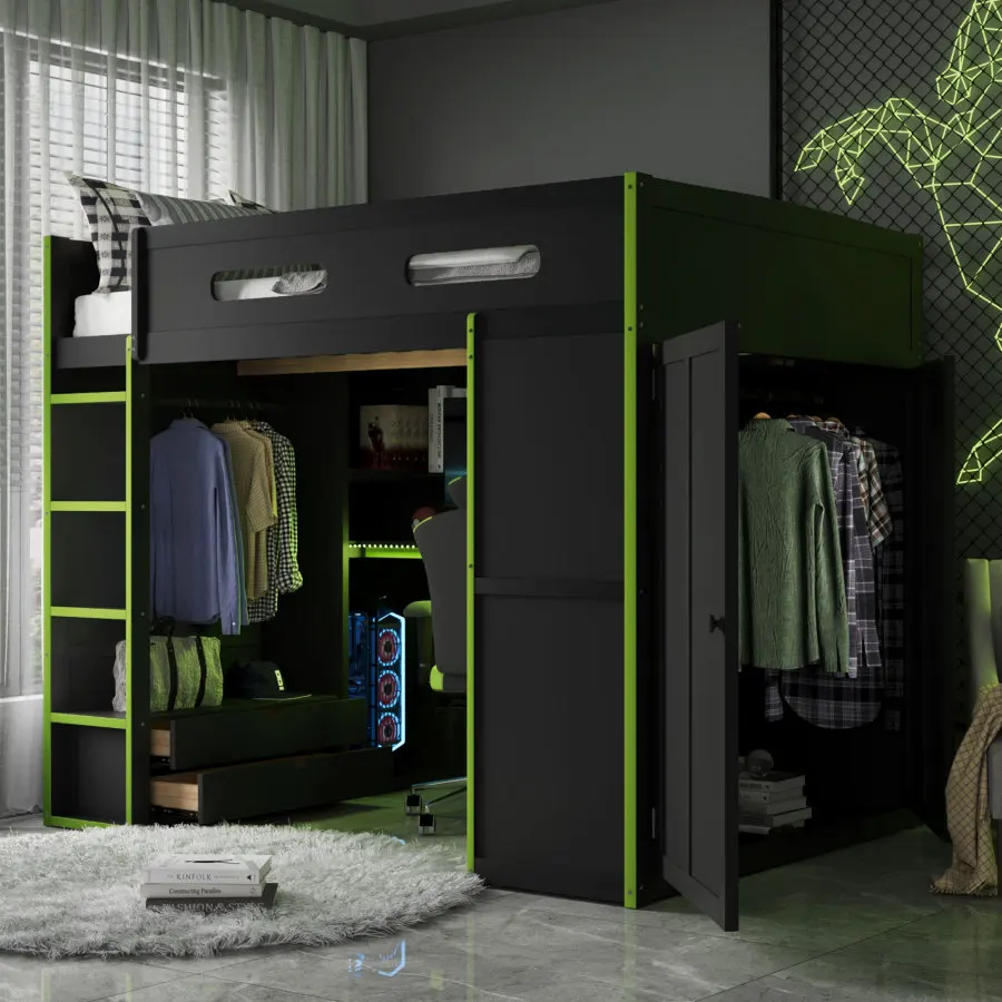 Full Size Wood Loft Bed with Desk, Wardrobe, Ample Storage Space, and RGB Light, Green OLD SKU:LT000261AAG Space Saving
