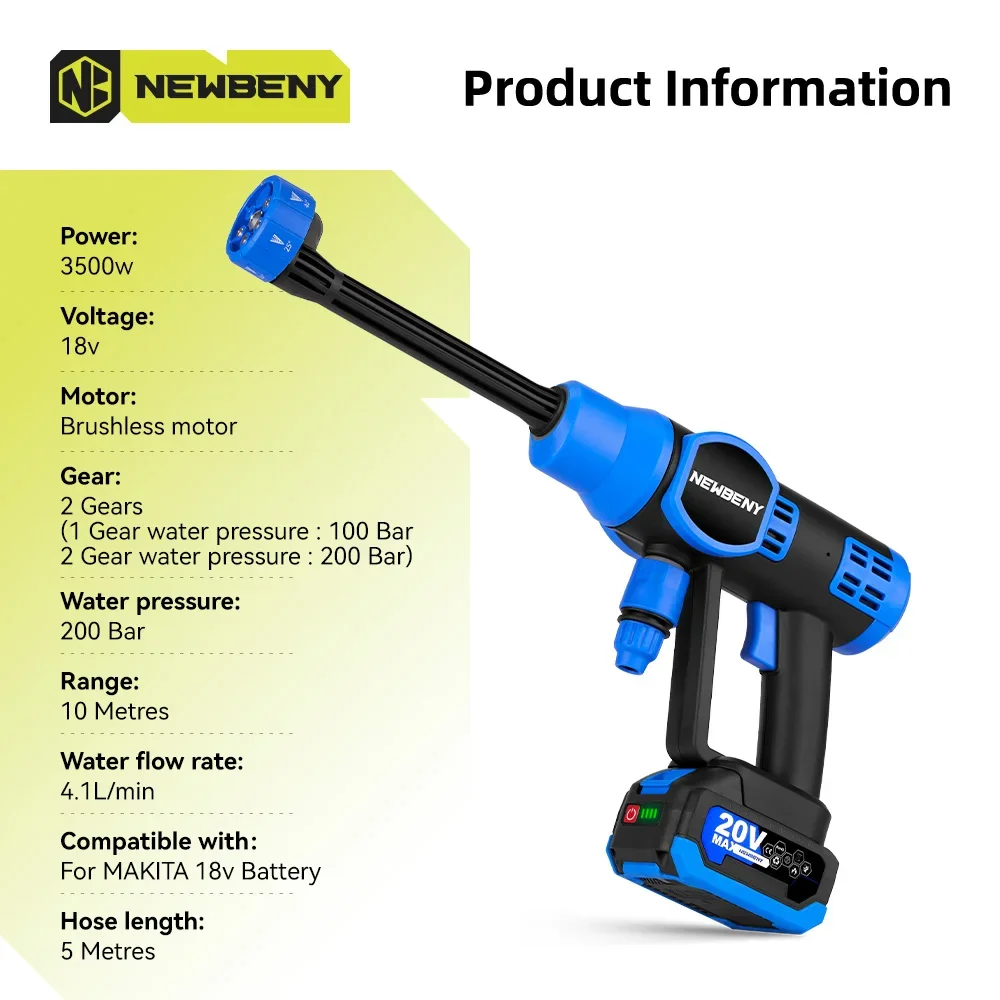 NEWBENY 200Bar Brushless Electric Car Washer  6 IN 1 Cordless Efficient Garden Cleaning Spray Gun Tools For Makita 18V Battery