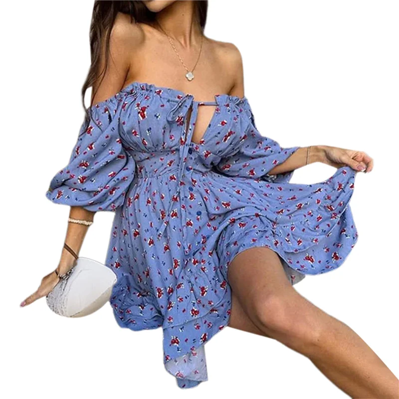ASDS-Women's Floral Off Shoulder Puff Sleeve Short Dress Boho Frill Trim A Line Mini Dresses