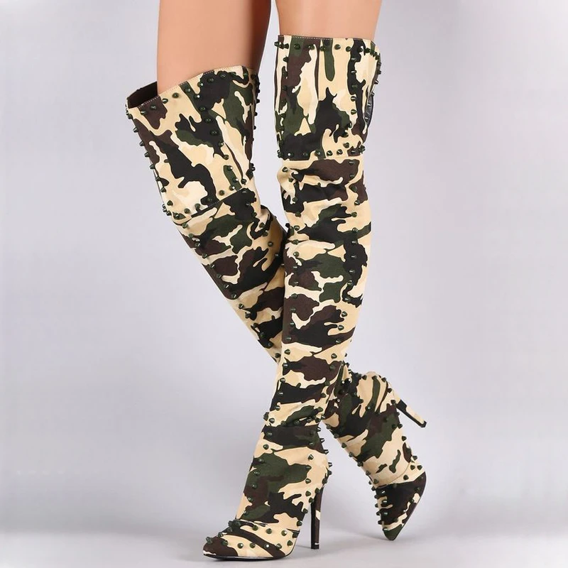 Fashion Camouflage Suede Rivets Studded Over Knee Boots Woman High Heel Knight Boots Pointed Toe Rivets Thigh Boots