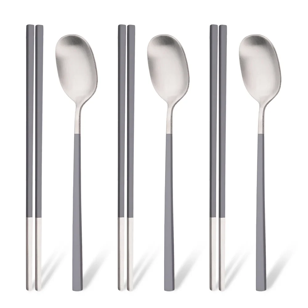 Korean 6Pcs/Set Tableware Set High Quality Stainless Steel Matte Dinner Set Dinnerware Spoon Chopsticks Flatware Cutlery Set