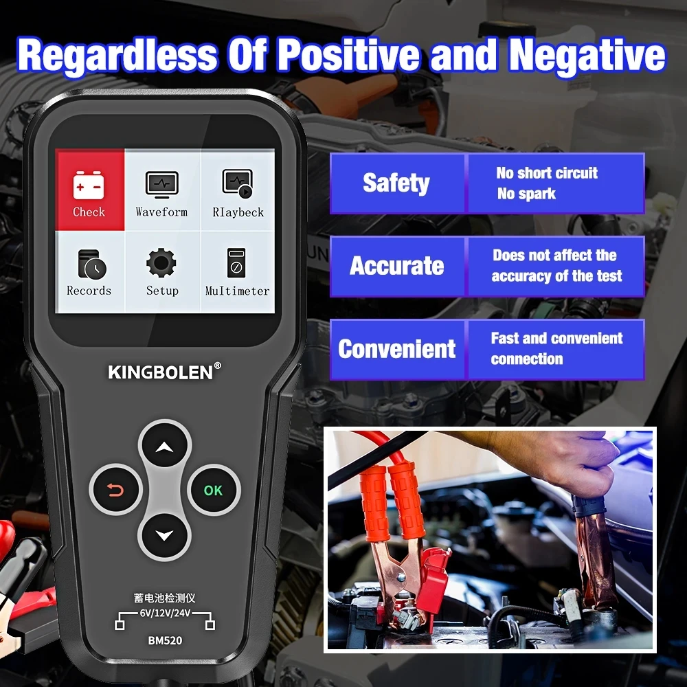 KINGBOLEN BM520 Motorcycle Car Truck Battery Tester 6V 12V 24V Battery Analyzer 2000 CCA Charging Cranking Test Scanner Tools