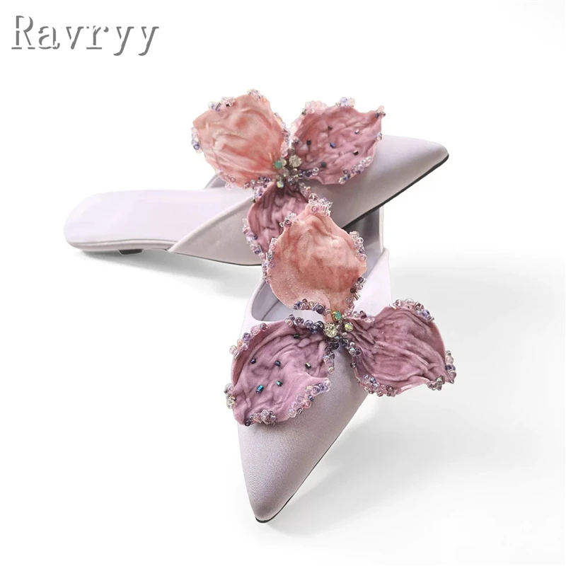 Elegant Light Purple Satin Slippers for Women Pointed Toe 3D Beaded Flower Kitten Heel Mules for Bridal, Wedding, Party