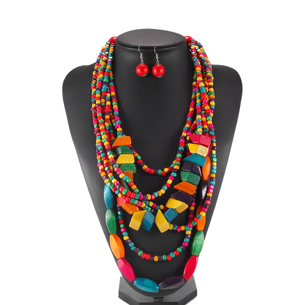 Bohemian Multilayer Wood Bead Choker Necklaces Earrings Set for African Women Handmade Beaded Statement Necklace Ethnic Jewelry