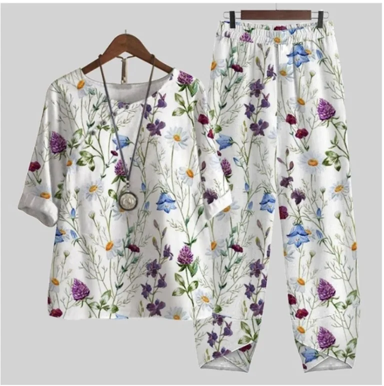 2025 New Women's Suit Spring Pants 9-minute Pants  Casual Middle Aged Short Sleeve Printed Round Neck Set
