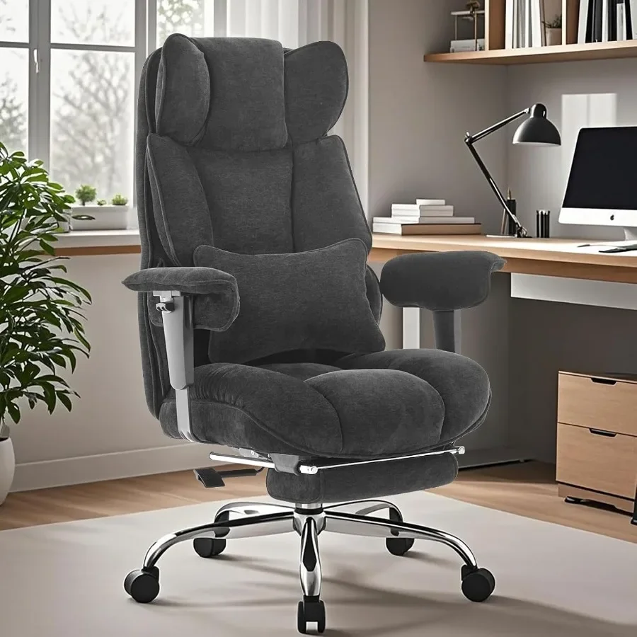 Silla de oficina de diseño ejecutivo, ideal para personas de talla grande, con capacidad para soportar hasta 181 kg, asiento de tela negra con soporte lumbar reforzado y estructura resistente.
