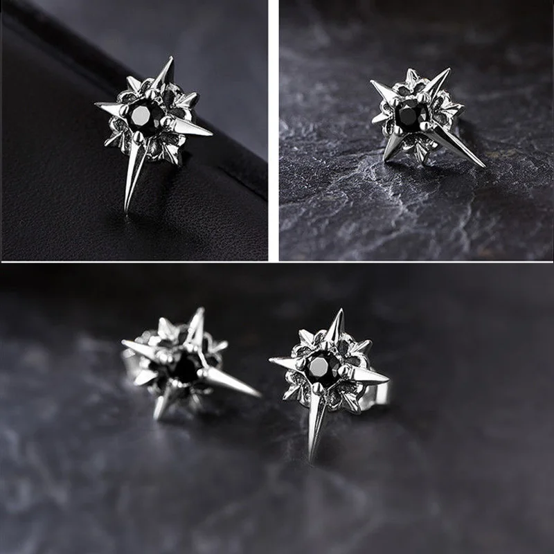 1Pair Black CZ Metal Star Earring Stud For Men Women Hip Hop Style Antique Silver Color Start Clear Crystal Couple Post Earrings