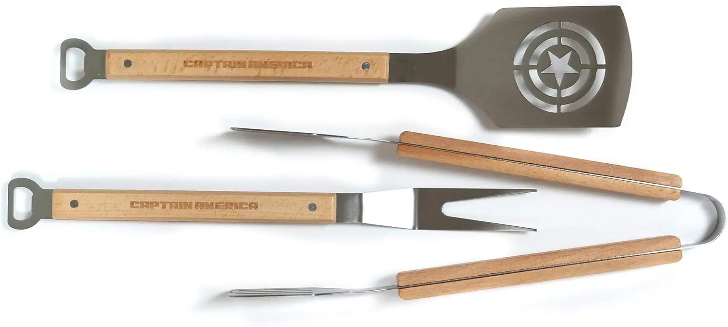 

3-Piece Stainless Steel BBQ Grill Utensil Set with 17" Wooden Handles - Spatula, Fork & Tongs for Outdoor Grilling