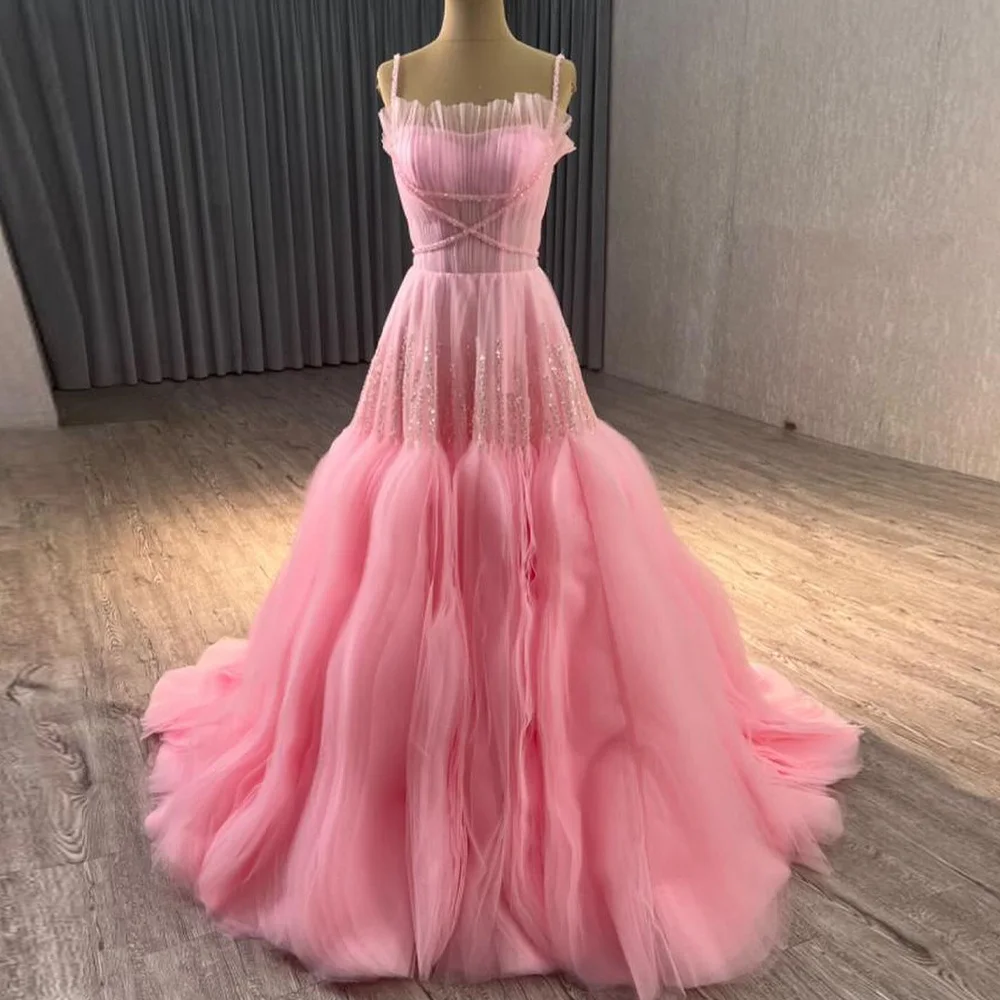 

Customized Graceful Lace Up Back Criss-Cross Pleats Sequined Spaghetti Straps Party Gowns Exquisite A-Line Sweetheart Prom Gowns