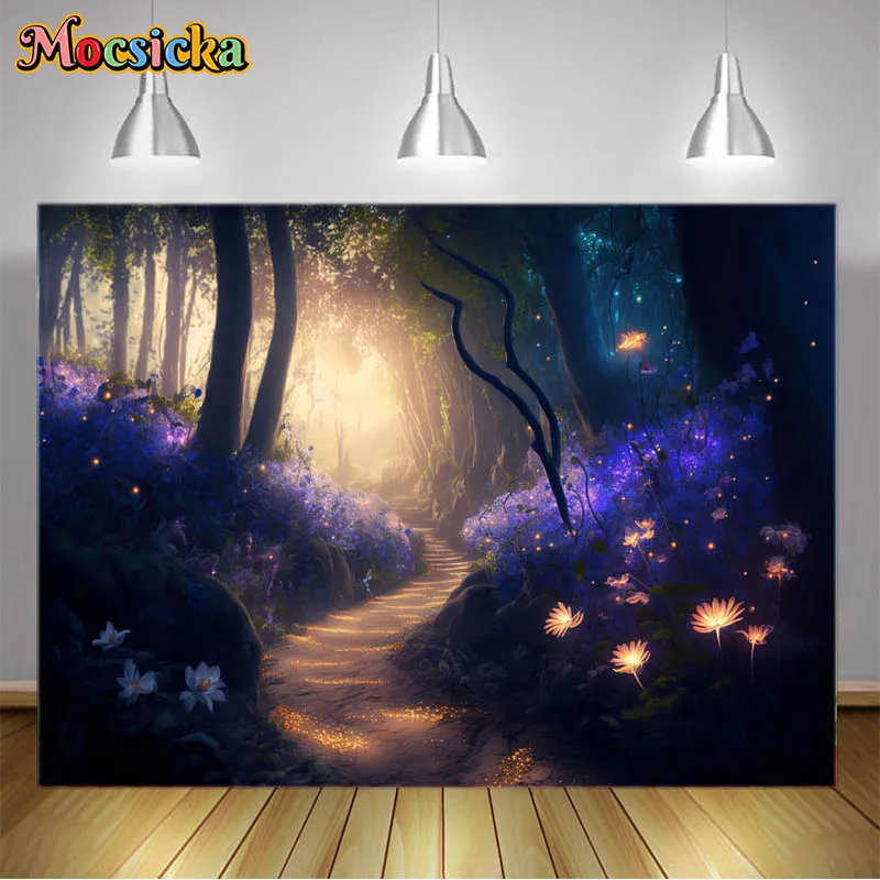 Mocsicka Photography Backgrounds Night Fantasy Forest Fairytale Forest with Magical Glowing Flowers Backdrops Photocall Props