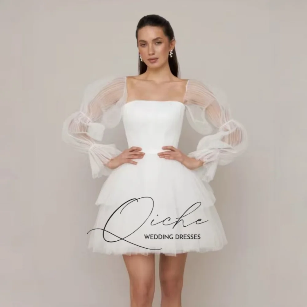 QICHE  Short Simple Tulle Bow Elegant Wedding Dress Princess Off Shoulder Layered Lace-up свадебное платье Mini Gowns Customized