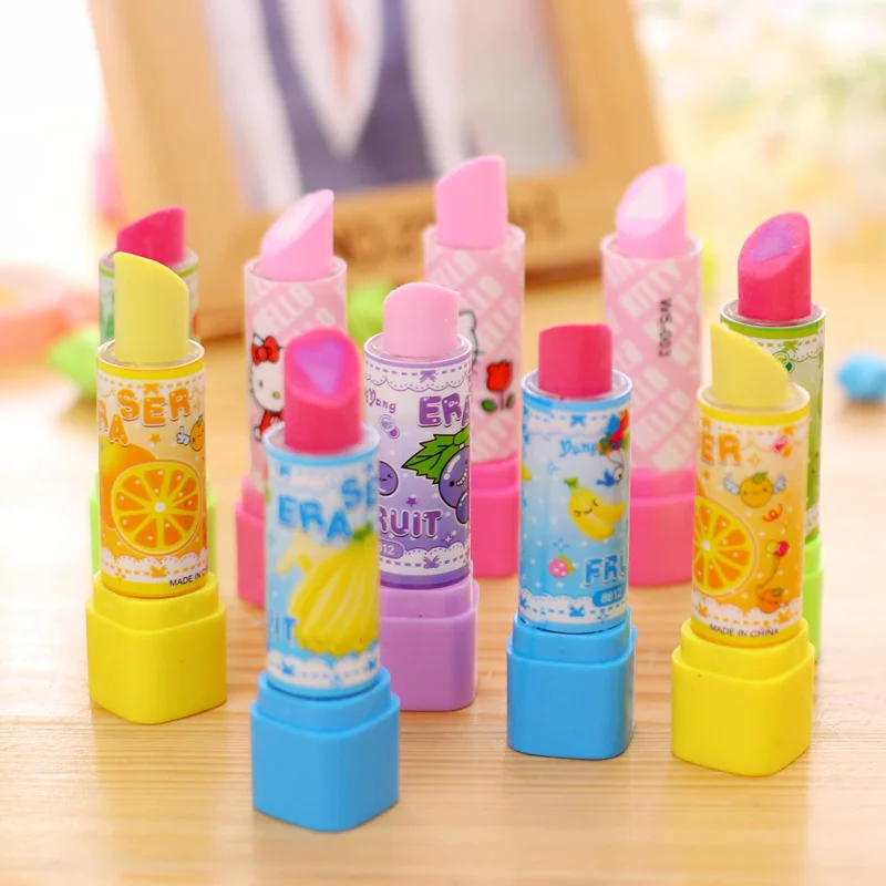 5pcs Lipstick Shape Eraser for Kids Cartoon Cute Student Kawaii Eraser Cute School Supplies Stationery