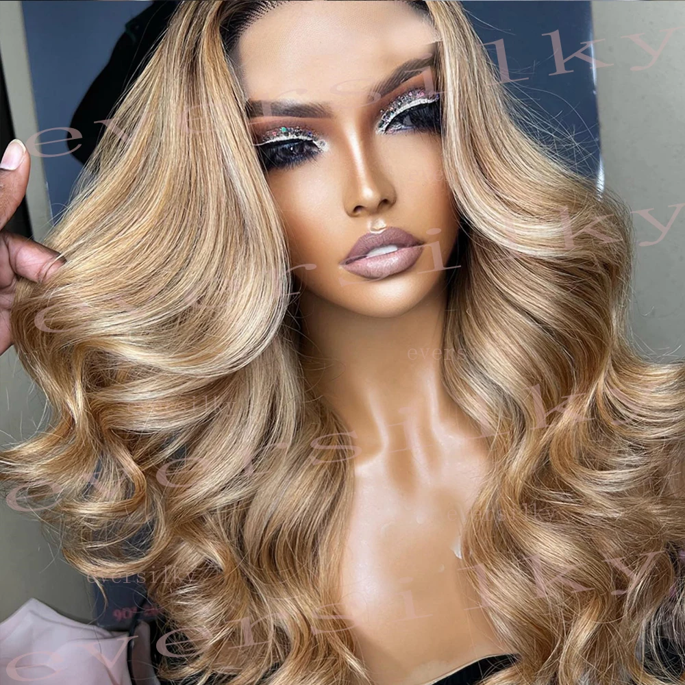 Ombre Ash Honey Blonde Wavy V Part Wig Remy 100% Human Hair Loose Wave Glueless Highlight Golden Brown Full End U Shape Wigs