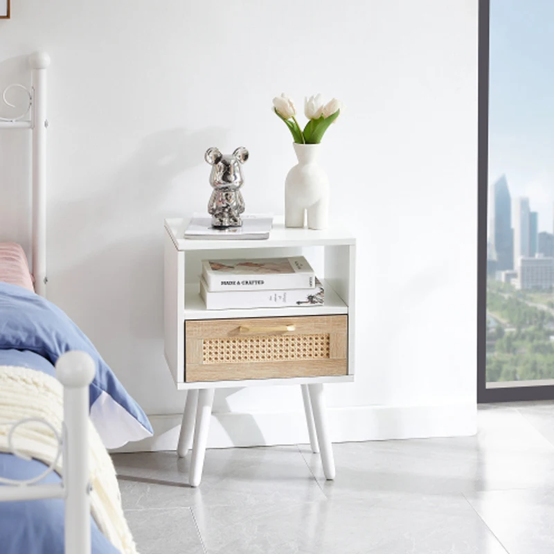 

15.75" Rattan End table with drawer and solid wood legs, Modern nightstand, side table for living room, bedroom, white