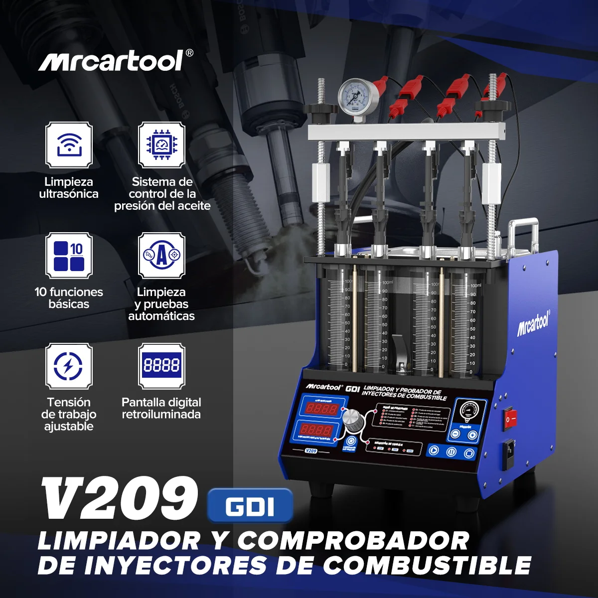 MRCARTOOL V209 GDI Fuel Injector Cleaner Tester 220V/110V 4 Cylinders Ultrasonic Piezoelectric Fuel Injectors Cleaning Machine