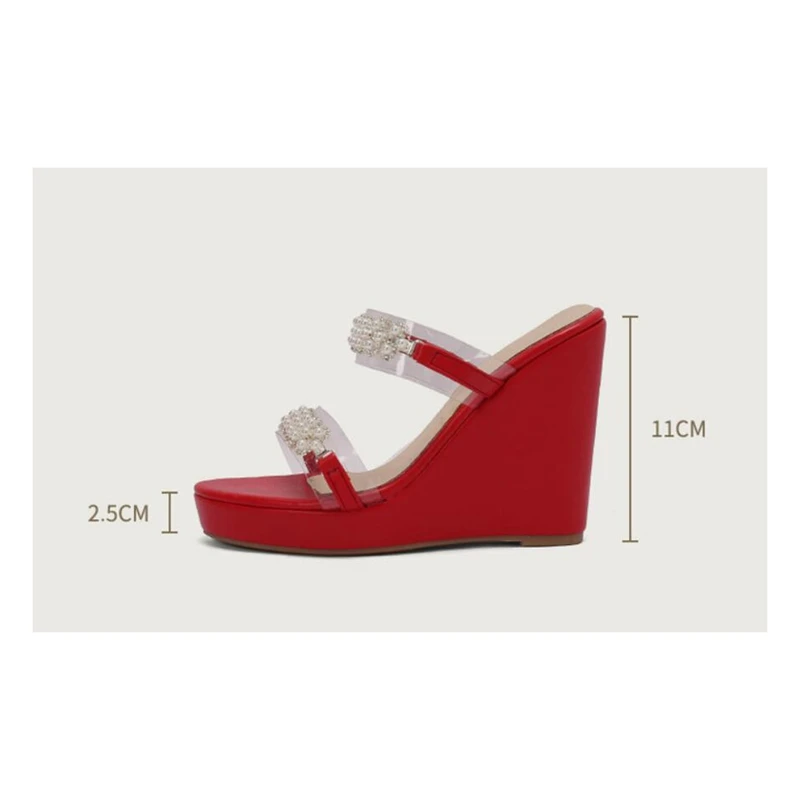 REAVE CAT Women Crystal Wedge Heel Sandals 11cm High Heel 2.5cm Platform Plus Size 48 49 50 Red Slip On view 3