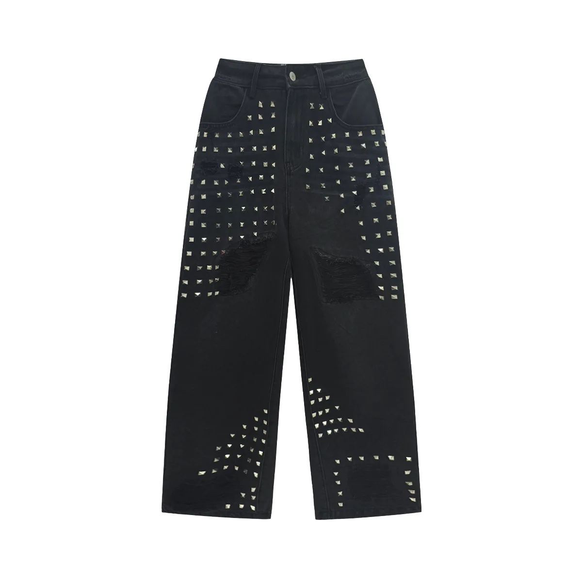 

Men's Punk Studded Baggy Distressed Jeans Pants Wide Leg Denim Trousers Fashion Streetwear Vibe Style Hip Hop Jeans With Rivets