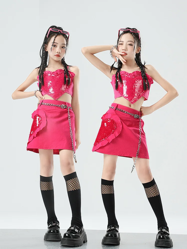 K-pop Clothes Girls Jazz Dance Costume Kids Dance Show Tide Costume Set Pink Set Vest + Skirt Girls Street Dance Clothes