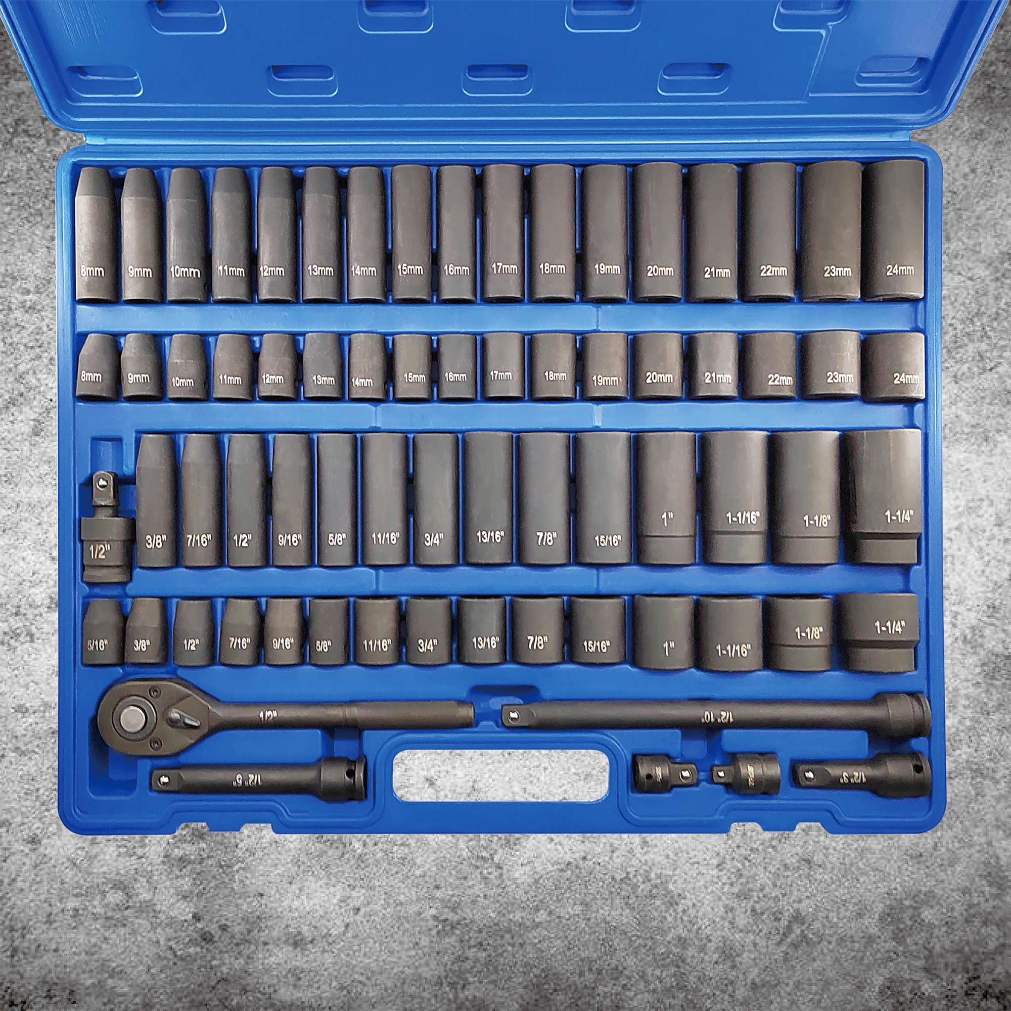 

70pcs1/2" Drive Impact Socket Set, Cr-V Steel And Metric Standard/deep Socket with 72-tooth Ratchet Handle, Extension Rod