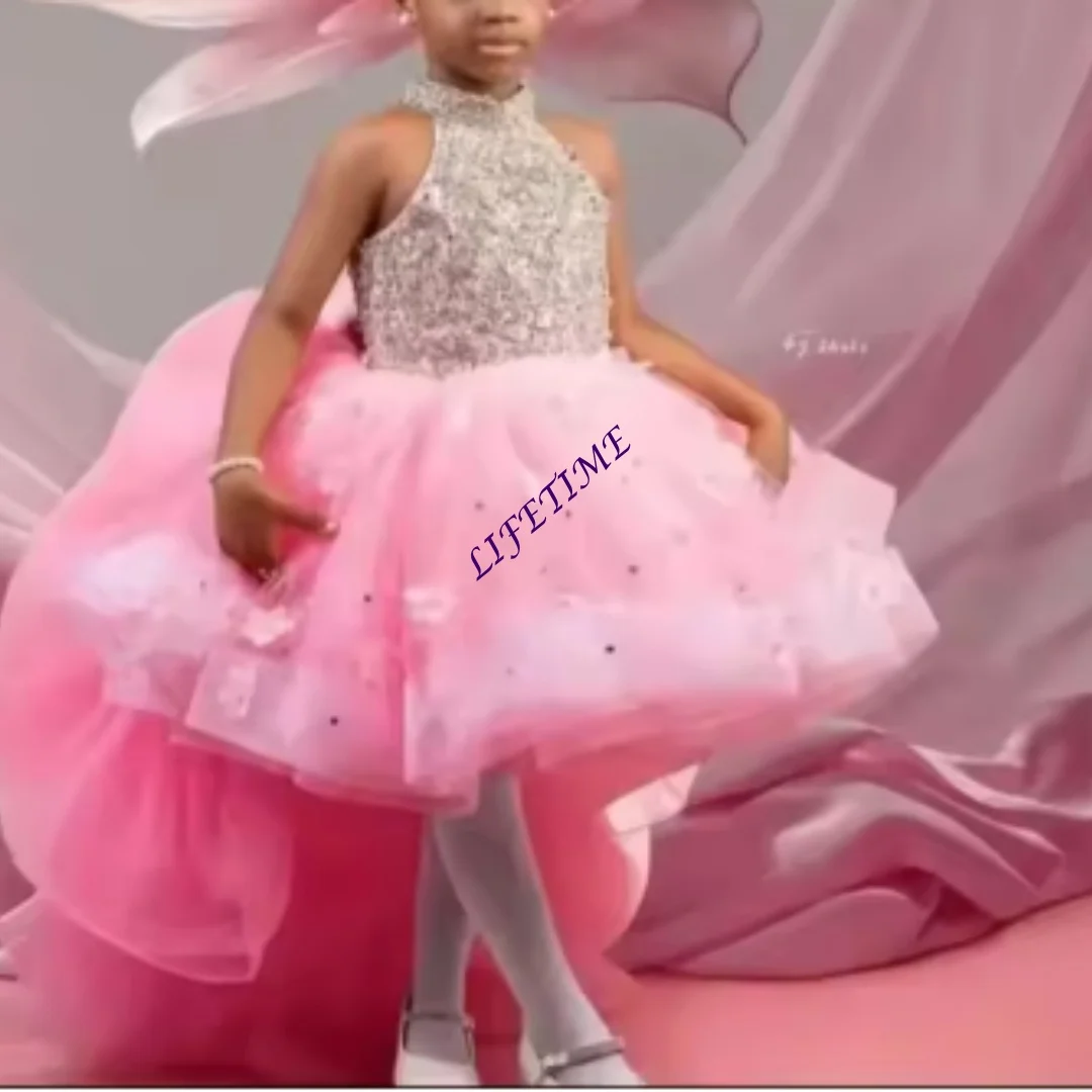 Elegant Customized Flower Girl Dress For Wedding Sleeveless Trailing Tulle Puffy Beading Kids Birthday First Communion Gown