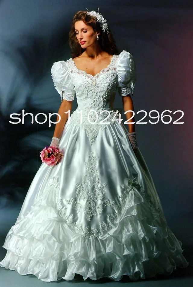 Historia moda princesa vestidos de novia manga acampanada acanalada apliques corsé personalizado granja Gardem vestido de novia prenda