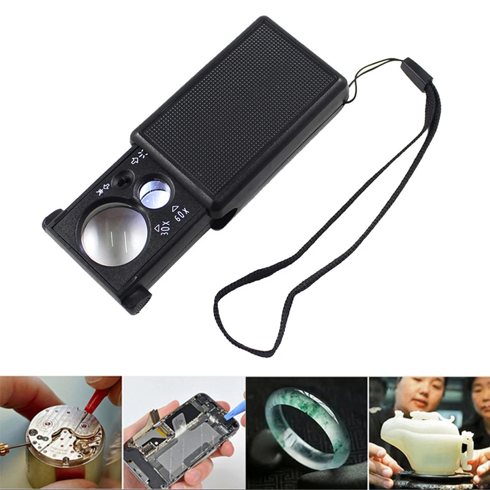 

30X 60X Pull-type Jewelry Magnifier Mini Pocket Hand Magnifying Glass Portable Microscope Loupe Optical Lens Tool LED Light