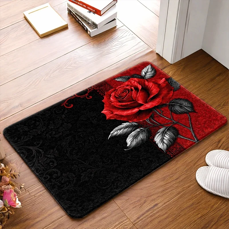 Gothic Red Rose Pattern Area Rug, Non‑Slip Washable Durable Floor Decor, Versatile Home Ornament for Bedroom, Living Room