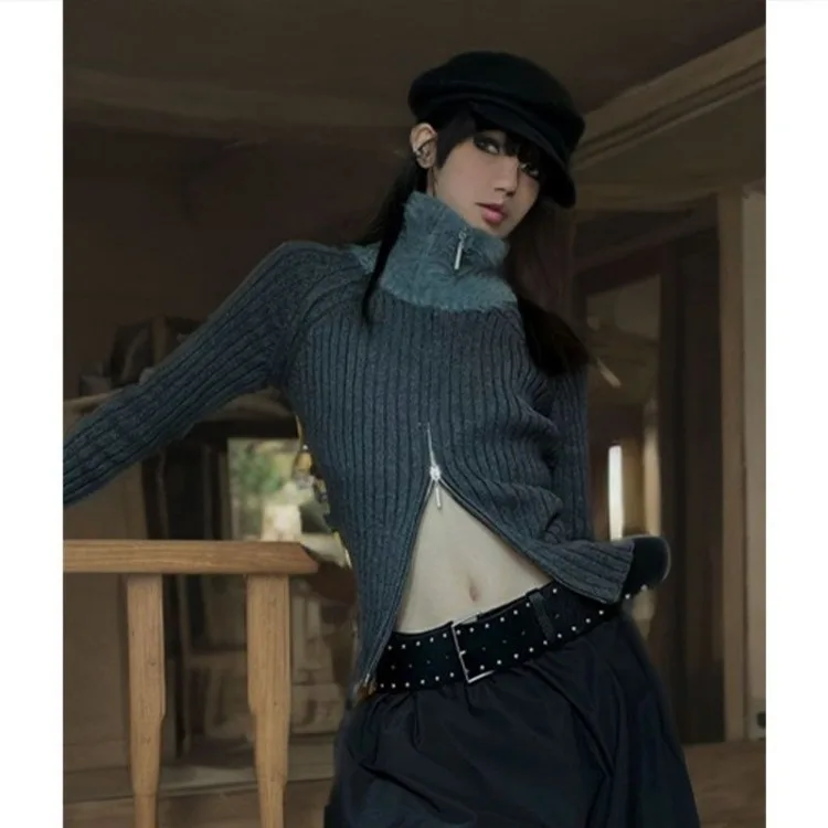 American Retro Patchwork Double Zipper Knitted Cardigan Autumn New Turtleneck Sweater for Women Y2k Long Sleeve Tops Mujer