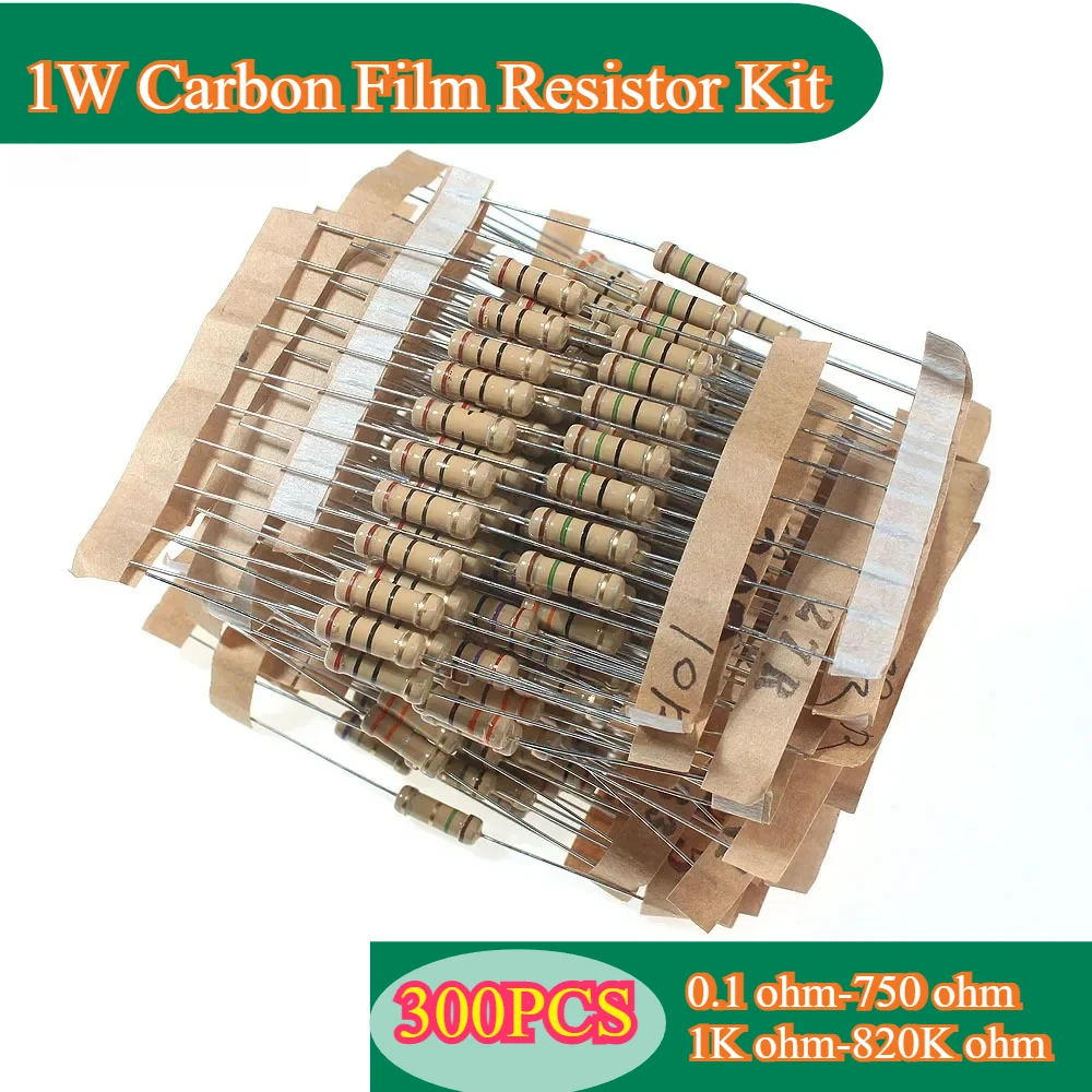 300PCS 1W Carbon Film Resistor Kit 30Values × 10pcs (0.1Ω-820KΩ) ±5% Tolerance Resistance for Arduino Electronics DIY PCB Repair