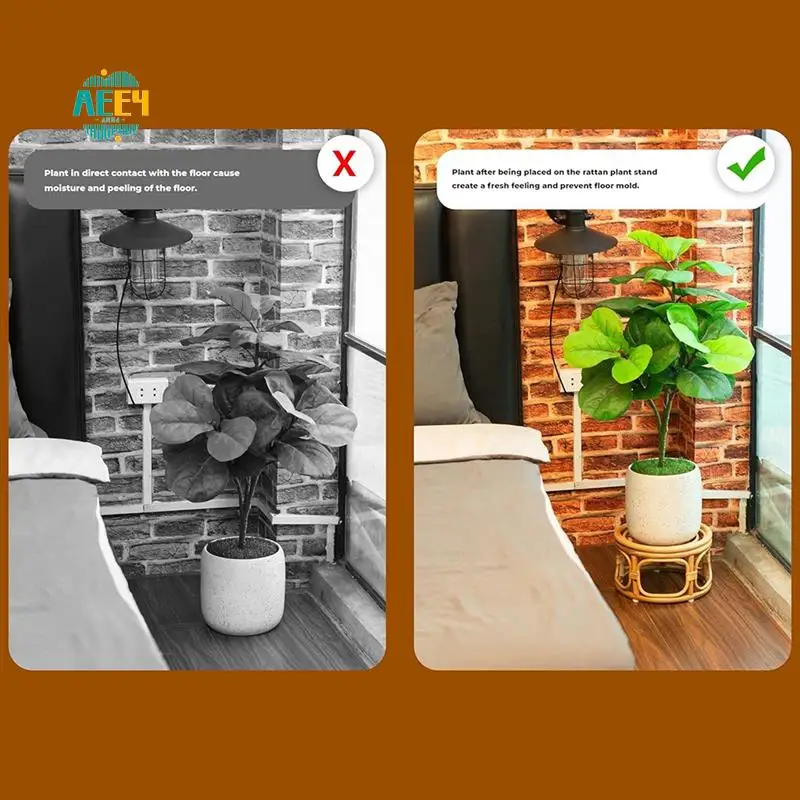 

AEE4-Boho Rattan Woven Round Decorative Risers Plant Stands Indoor, Modern Plant Stand, Wicker Short Plant Stand 2Pack
